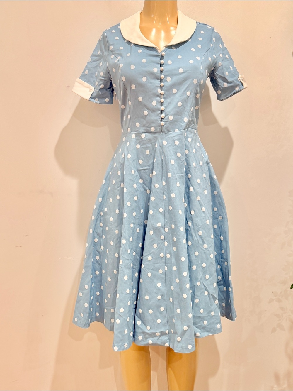 Gown Town Retro Swing Rockabilly Dress Sz M  Blue White Polka Dot Trad